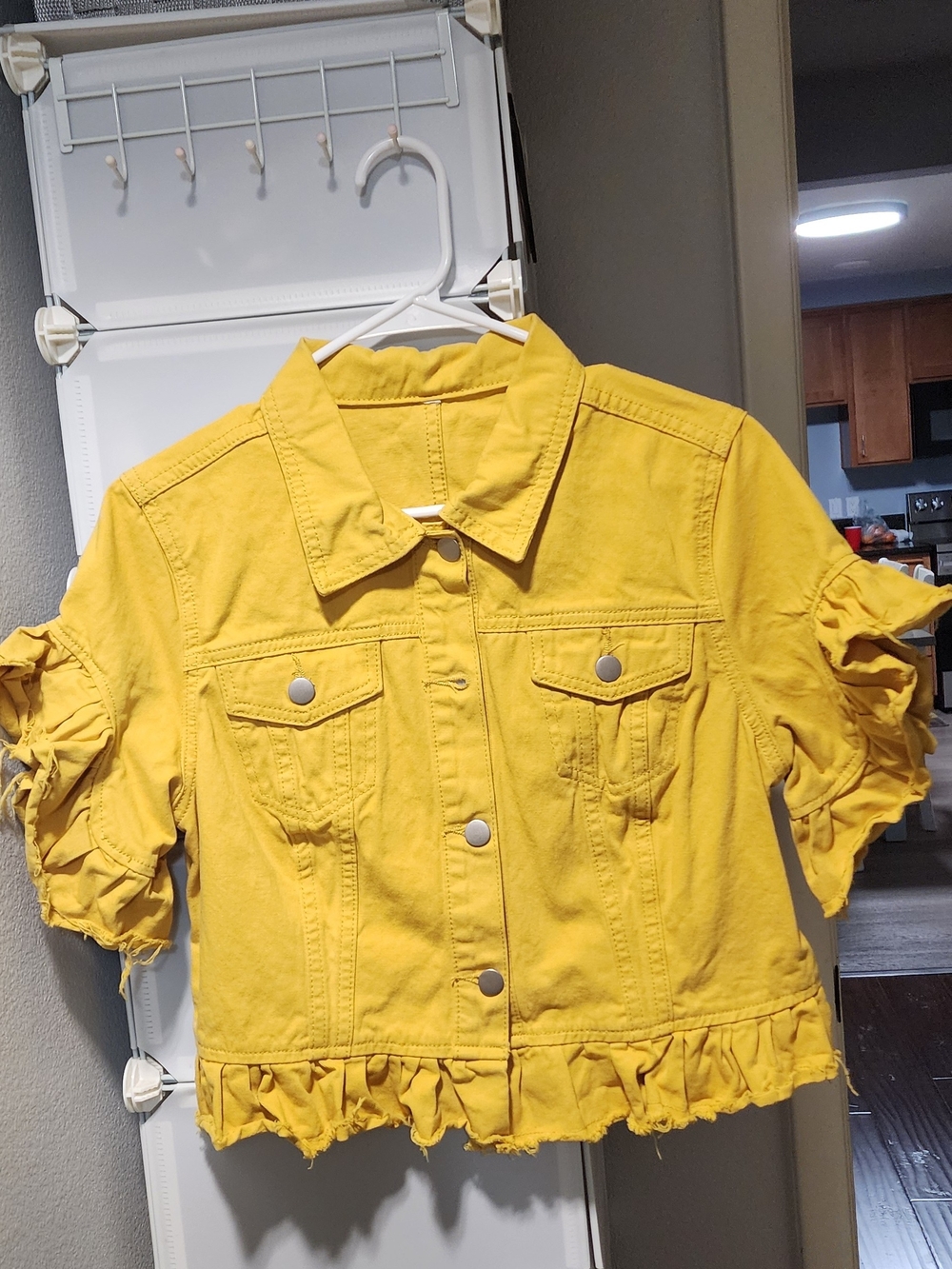 Cropped Yellow Ruffle Denim Jacket - Women